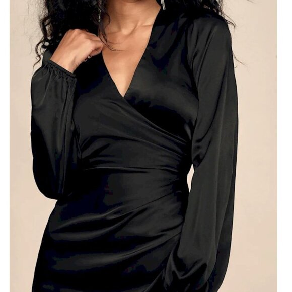 Lulus Late Night Rendezvous Black Satin Long Sleeve Dress Size Medium NWOT - Picture 3 of 4
